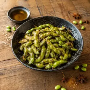 Crispy five-spice edamame with sesame oil and star anise on a rustic wooden table.