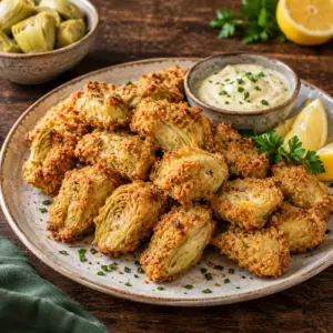 Crispy golden air-fried artichoke hearts with a crunchy coating, served on a rustic ceramic plate with lemon wedges and creamy dipping sauce on a dark wooden table.