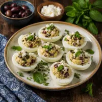 Greek devilled eggs filled with creamy yogurt, Kalamata olives and goat cheese, garnished with fresh mint on a rustic wooden table.