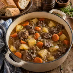 Hearty Amish Elk Stew with tender elk, potatoes, carrots, and rich mushroom gravy served in a rustic bowl.