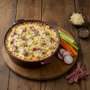 Hot Reuben dip with melted Swiss cheese, corned beef and sauerkraut, served with fresh vegetable dippers.