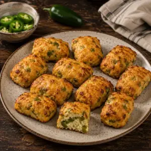 Golden air-fried jalapeño popper bites made with cauliflower, Cheddar and cream cheese, with fresh jalapeño pieces, served on a rustic dark wooden table.