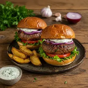 Minted lamb burgers with harissa sauce, lettuce, tomato, cucumber and red onion on toasted buns