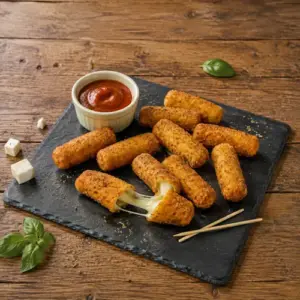 Crispy mozzarella sticklets with stretchy cheese and warm napolitana dipping sauce on a rustic wooden table.