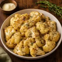 Golden air-fried cauliflower florets with Parmesan, thyme and garlic, served in a rustic ceramic bowl on a dark wooden table.