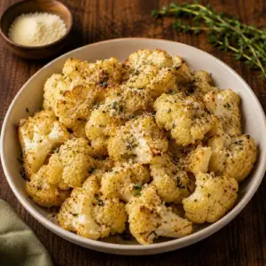 Golden air-fried cauliflower florets with Parmesan, thyme and garlic, served in a rustic ceramic bowl on a dark wooden table.