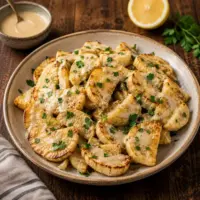 Golden air-fried parsnips with creamy tahini dressing, fresh lemon and parsley served on a rustic wooden table.