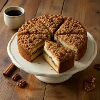 Layered pecan streusel coffee cake with cheesecake and cinnamon filling, served with black coffee.