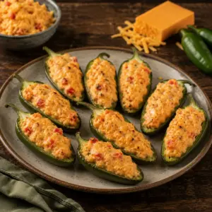 Air-fried jalapeño halves filled with creamy pimiento Cheddar cheese, lightly browned and served warm on a rustic ceramic plate on a dark wooden table.