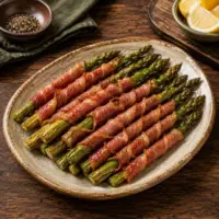 Air-fried asparagus spears wrapped in crisp prosciutto, served on a rustic ceramic platter with a natural homemade appearance on a dark brown wooden table.