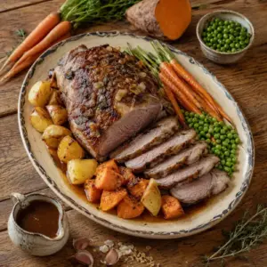 Titel: Recipe Lamb Roast ALT-tekst: Sliced lamb roast with potatoes, sweet potato, Dutch carrots, peas and rich gravy on a rustic wooden table.