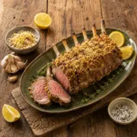 Titel: Roast Lamb Rack with Lemon ALT-tekst: Roasted lamb rack with a crispy lemon, cumin and garlic breadcrumb crust on a rustic wooden table.