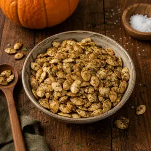Crispy seasoned roasted pumpkin seeds in a rustic ceramic bowl on a dark wooden table with fresh pumpkin and herbs.