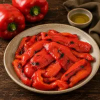 Tender air-fried roasted red capsicum with lightly charred edges and a glossy olive oil finish, served on a rustic ceramic plate on a dark wooden table.