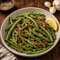Air-fried seasoned green beans with crispy bacon, garlic, black pepper and fresh lemon served on a rustic wooden table.