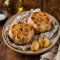 Golden air-fried roasted garlic bulbs with soft caramelized cloves, avocado oil and sea salt on a rustic wooden table.