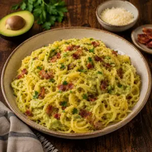 Creamy spaghetti squash with avocado carbonara, crispy bacon, Parmesan and fresh parsley served on a rustic dark wooden table.