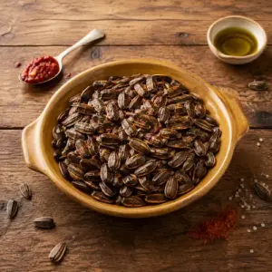Roasted spicy sunflower seeds with chili garlic paste and olive oil on a rustic wooden table.
