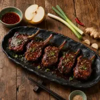 Korean glazed lamb chops with sticky gochujang sauce, sesame seeds and sliced green onions