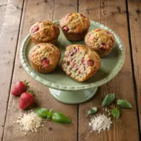 Golden strawberry basil muffins on a sage-green cake stand with fresh strawberries and basil.