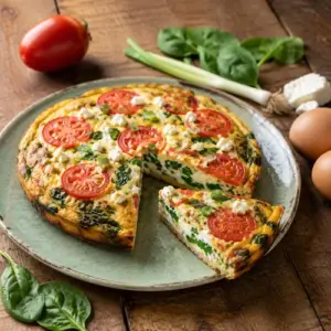 Tomato and spinach frittata with goat cheese on a rustic wooden table.