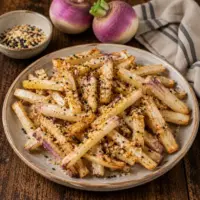 Crispy air-fried turnip fries sprinkled with sesame seeds, dried onion, garlic and flaky salt, served on a rustic wooden table.
