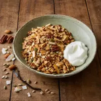 Homemade vanilla nut granola with yogurt, pecans, almonds, seeds and coconut flakes on a rustic wooden table.