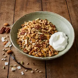 Homemade vanilla nut granola with yogurt, pecans, almonds, seeds and coconut flakes on a rustic wooden table.
