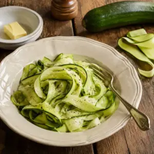 Butter-tossed zucchini ribbons with black pepper, a vintage fork and fresh zucchini on a rustic wooden table.
