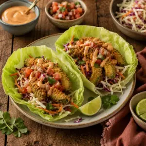Air Fryer Avocado Wraps filled with crispy avocado fries, fresh salsa, coleslaw, and spicy mayonnaise in iceberg lettuce leaves.