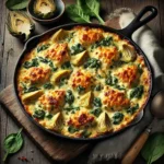 Artichoke & Spinach Chicken Casserole op rustieke houten tafel
