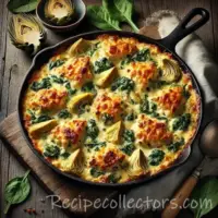 Artichoke & Spinach Chicken Casserole op rustieke houten tafel
