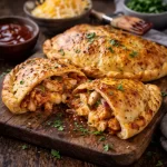 BBQ Chicken Calzones on a rustic wooden table