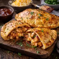 BBQ Chicken Calzones on a rustic wooden table