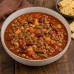 Sloppy Joe soup with smoky barbecue beef soup served on a rustic wooden table with beans and vegetables