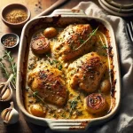 Baked chicken with tarragon and dijon mustard on rustic wooden table