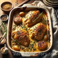 Baked chicken with tarragon and dijon mustard on rustic wooden table