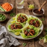 barbecue jackfruit wraps served in lettuce with coleslaw on a rustic wooden table