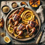 Barbecued poussins with za’atar and roast pumpkin houmous on a rustic wooden table
