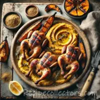 Barbecued poussins with za’atar and roast pumpkin houmous on a rustic wooden table