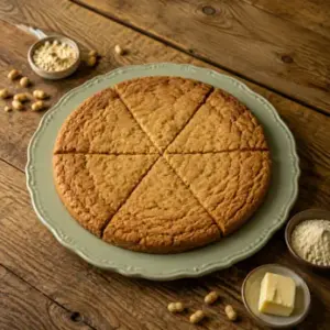Warm giant peanut butter cookie cut into wedges on a rustic wooden table.