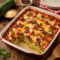 Zucchini pizza casserole with seasoned ground beef, tomato sauce, melted mozzarella and cheddar cheese, red and green peppers, served in a baking dish on a rustic brown wooden table.