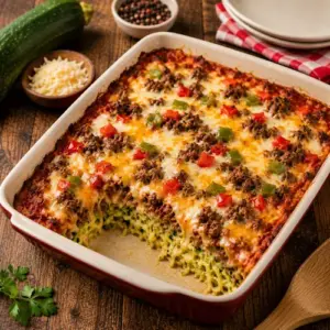 Zucchini pizza casserole with seasoned ground beef, tomato sauce, melted mozzarella and cheddar cheese, red and green peppers, served in a baking dish on a rustic brown wooden table.