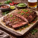 Asian BBQ Flank Steak on rustic wooden table