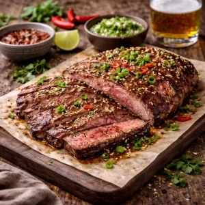 Asian BBQ Flank Steak on rustic wooden table