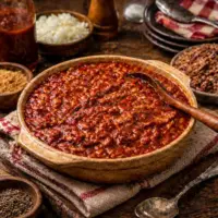 bbq baked beans on rustic wooden table