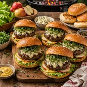 blue cheese apple burger served on a rustic wooden table with melted cheese and crisp apple slices