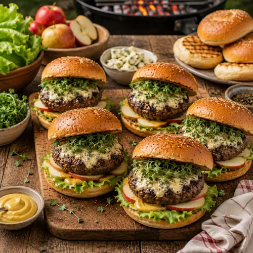 blue cheese apple burger served on a rustic wooden table with melted cheese and crisp apple slices