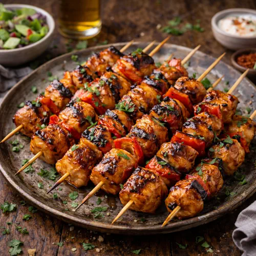 BBQ Chargrilled Chicken Kebabs on old table
