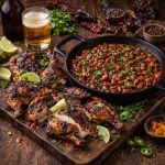 bbq chilli chicken with drunken pinto beans on a rustic wooden table